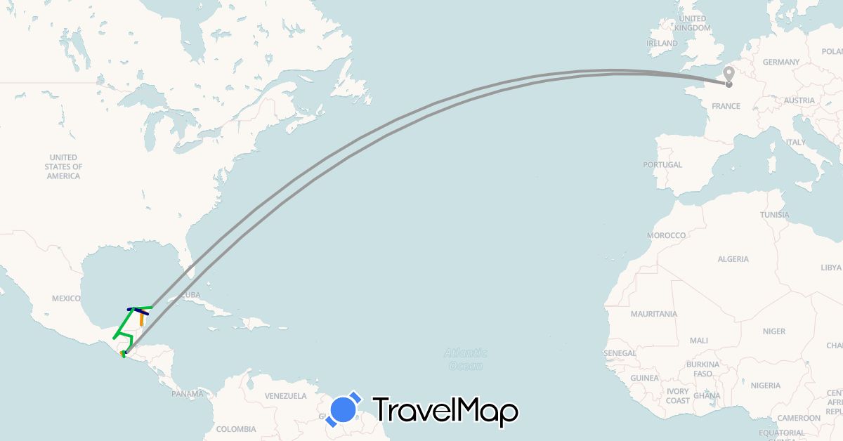 TravelMap itinerary: driving, bus, plane, hitchhiking in France, Guatemala, Mexico (Europe, North America)